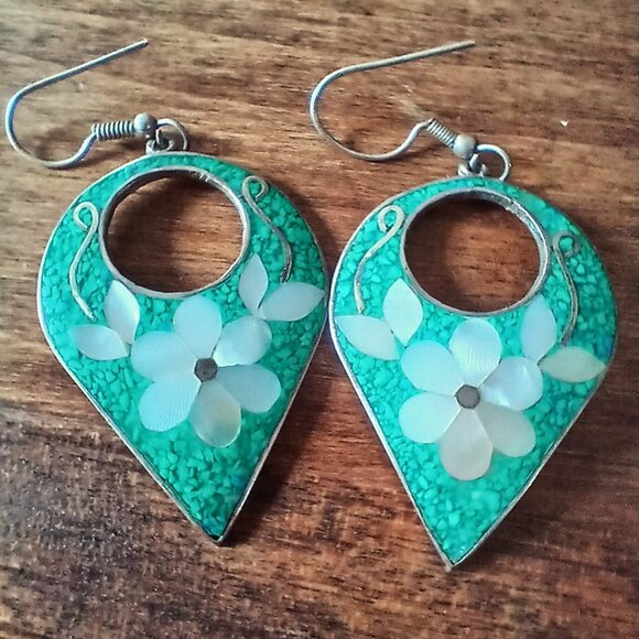 Authentic Vintage Alpaca Silver Mexico Tourquoise + Abalone Shell Inlay Earrings - Picture 3 of 5